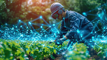 Smart farming ,agriculture concept, farmer use data augmented mixed virtual reality integrate artificial intelligence combine deep, machine learning, digital twin, 5G, industry 4.0 technology. - obrazy, fototapety, plakaty