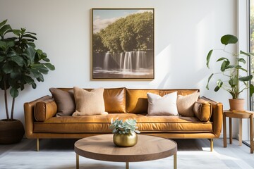 Modern living room interior with brown leather sofa and waterfall photo