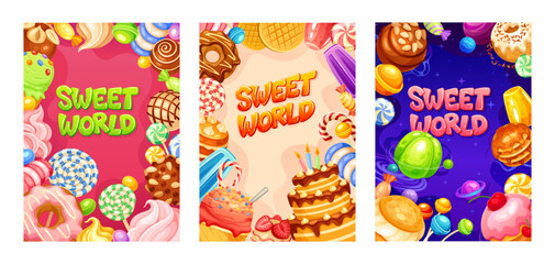 Candy world posters. Sweet wonderland banner design, fantasy donuts planet in galaxy space, chocolate jelly sweets cake caramel lollipop