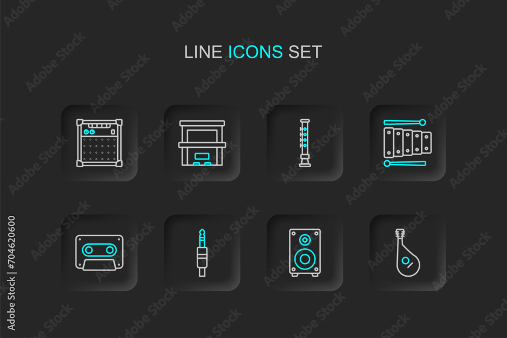 Canvas Prints Set line Bandura, Stereo speaker, Audio jack, Retro audio cassette tape, Xylophone, Flute, Piano and Guitar amplifier icon. Vector