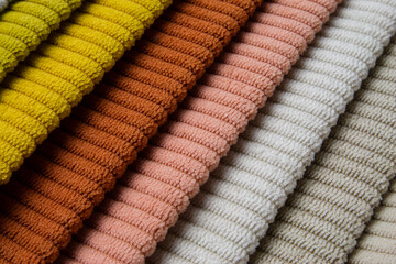 Bright collection of gunny textile samples. Set of fabric swatch samples texture. 