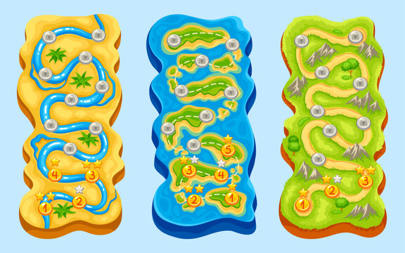 Mobile level map. Adventure casual game asset, road direction mountain island platform levels maps design nature landscape