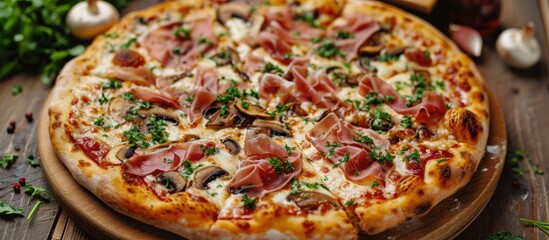 Delicious Capricciosa pizza with prosciutto, cheese, and mushrooms on a wooden table.