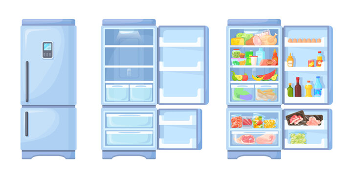 Open and closed refrigerator. Opening fridge door empty or full food inside fridges, open close freezer for supermarket meals shop kitchen interior cartoon neat vector illustration