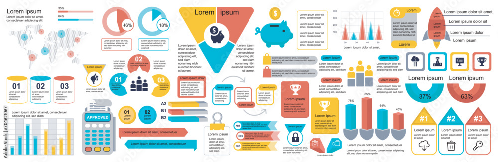 Poster Mega set of infographic elements data visualization vector design template. Can be used for steps, options, business process, workflow, diagram, flowchart, timeline, marketing. Bundle info graphics.