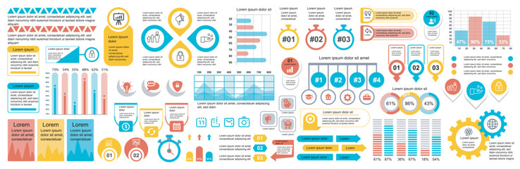 Mega set of infographic elements data visualization vector design template. Can be used for steps, options, business process, workflow, diagram, flowchart, timeline, marketing. Bundle info graphics.