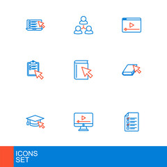 Set line Online quiz, test, survey, play video, Graduation cap with cursor, book, and class icon. Vector