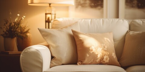 Vintage light filter used as decorative pillow on bedroom sofa.