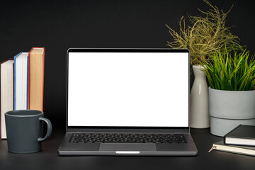 Laptop with blank screen on table against black background