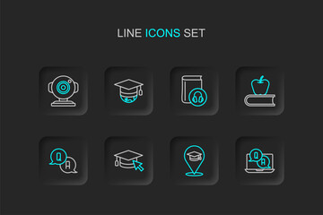 Set line Question and Answer, Online education, Graduation cap with cursor, Book apple, Audio book, globe and Web camera icon. Vector