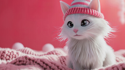 white fluffy cat in winter hat on pink background