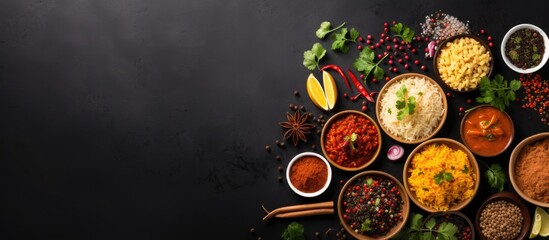 Indian cuisine: Diverse homemade recipes, top view, with space for copy.