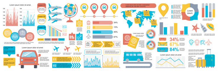 Obraz premium Mega set of travel infographic elements data visualization vector design template. Can be used for steps, options, business process, workflow, diagram, flowchart, timeline. Bundle info graphics.