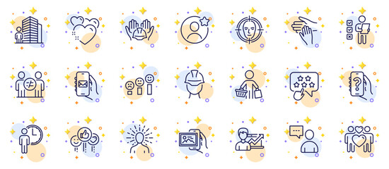 Outline set of Mail app, Ranking star and Heart line icons for web app. Include Discrimination, Buyer, Voting ballot pictogram icons. Waiting, Best friend, Volunteer signs. Vector