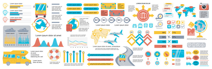 Mega set of travel infographic elements data visualization vector design template. Can be used for steps, options, business process, workflow, diagram, flowchart, timeline. Bundle info graphics. - obrazy, fototapety, plakaty