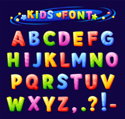 Kids zone font. Child latin original alphabet playful cartoon letters, kid fun typography sign abc type colorful text for school education game play, neoteric vector illustration