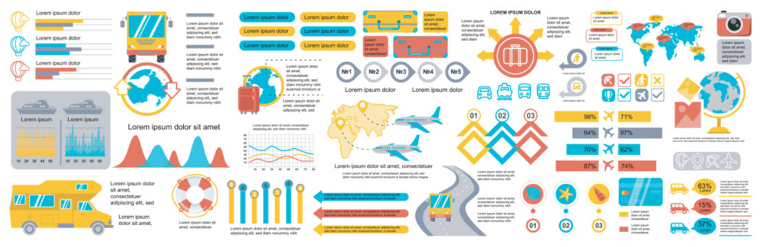 Mega set of travel infographic elements data visualization vector design template. Can be used for steps, options, business process, workflow, diagram, flowchart, timeline. Bundle info graphics.