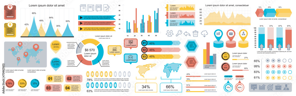 Poster Mega set of infographic elements data visualization vector design template. Can be used for steps, options, business process, workflow, diagram, flowchart, timeline, marketing. Bundle info graphics.