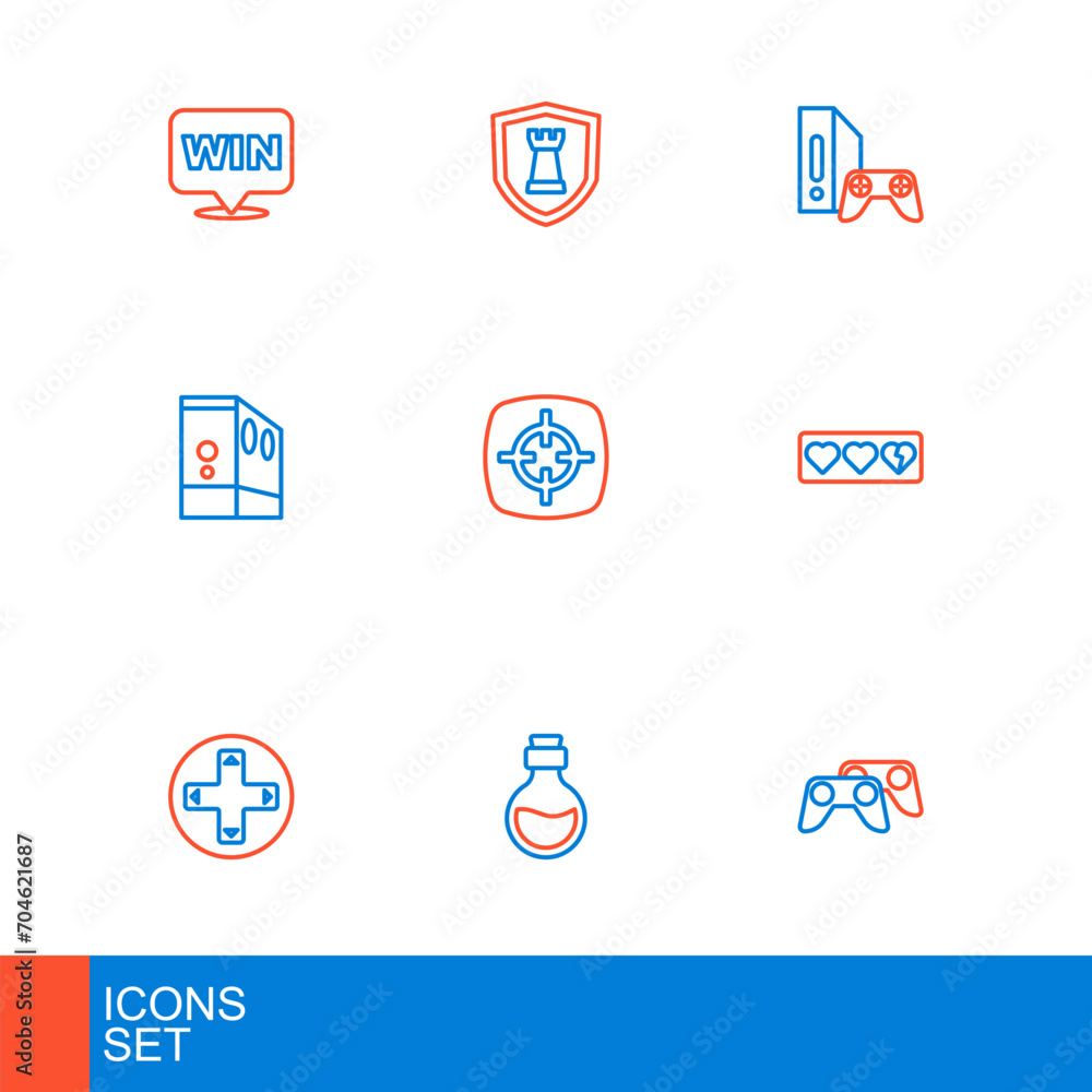 Poster set line game controller or joystick, bottle with magic elixir, life bar, case of computer, target s