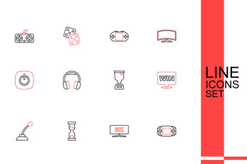 Set line Portable video game console, Computer monitor, Old hourglass, Microphone, Medal, Award cup, Headphones and Power button icon. Vector