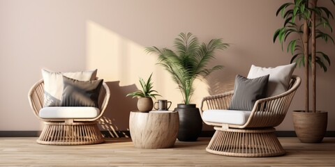 Elegant accessories complement a stylish, minimalist living room featuring a rattan armchair, black coffee table, and a tropical plant in a basket. Beige macrame decorates the wall, which is painted