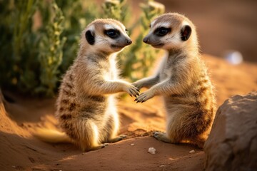 Two baby suricates are playing together in zoo