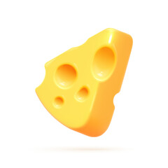 3d cheese piece. Swiss emmental block, realistic render cheeses triangular piece for emoticons culinary restaurant emoji food, cheddar slice with holes nowaday vector illustration