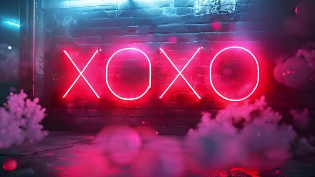 XOXO neon lights. Glowing neon line xoxo icon. 4K Video motion graphic animation. sparkling symbol for Hugs and kisses. Valentine background Romantic