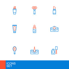 Set line Bottle of nail polish, Human hair follicle, Hand mirror, Acne, Cream lotion cosmetic tube, Essential oil bottle, Lipstick and Shaving razor icon. Vector