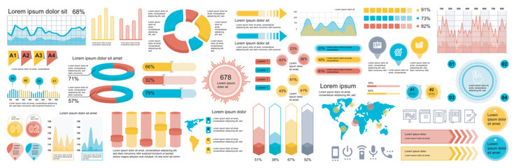 Mega set of infographic elements data visualization vector design template. Can be used for steps, options, business process, workflow, diagram, flowchart, timeline, marketing. Bundle info graphics.