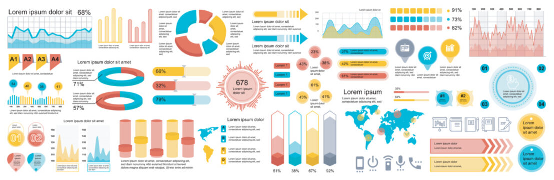 Mega set of infographic elements data visualization vector design template. Can be used for steps, options, business process, workflow, diagram, flowchart, timeline, marketing. Bundle info graphics.
