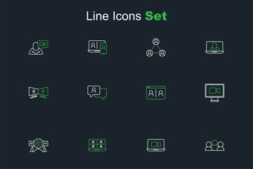 Set line Meeting, Video chat conference, Web camera, Speech bubble and icon. Vector