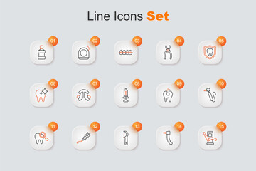 Set line Medical dental chair, Tooth drill, Dental floss, Tube of toothpaste, Broken, and Syringe icon. Vector