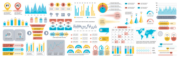 Mega set of infographic elements data visualization vector design template. Can be used for steps, options, business process, workflow, diagram, flowchart, timeline, marketing. Bundle info graphics. - obrazy, fototapety, plakaty