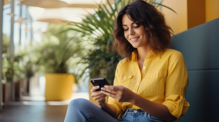 A woman in blue jeans and a yellow blouse uses a smartphone. Social networks, online dating, online sales.
