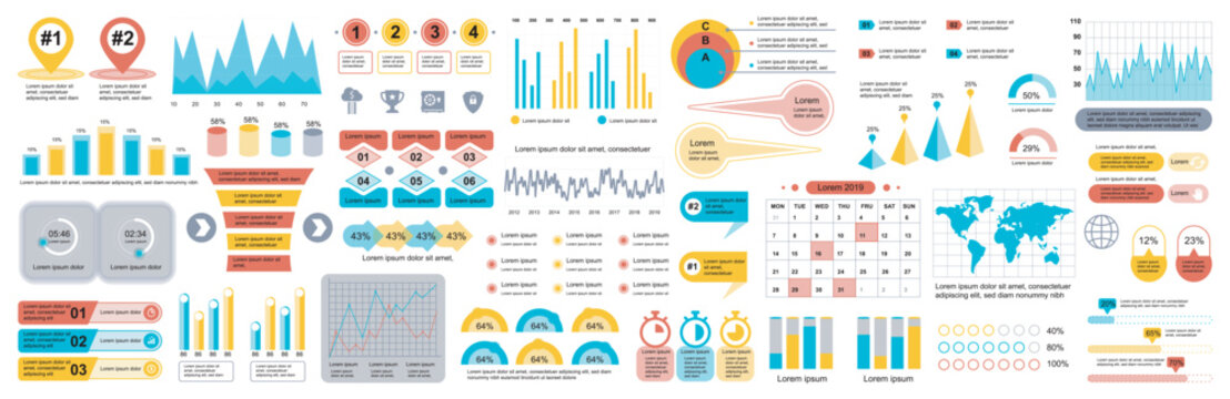 Mega set of infographic elements data visualization vector design template. Can be used for steps, options, business process, workflow, diagram, flowchart, timeline, marketing. Bundle info graphics.
