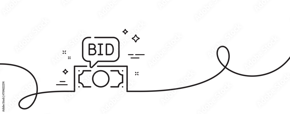 Poster bid offer line icon. continuous one line with curl. auction sign. raise the price up symbol. bid off