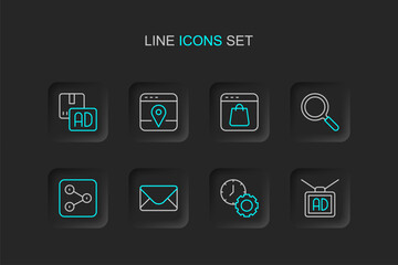 Set line Advertising, Time management, Mail and e-mail, Share, Magnifying glass, Online shopping on screen, Infographic of city map and icon. Vector
