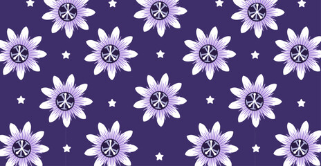 Passion flower seamless pattern. Medicinal plant for sleep and relaxation. Natural remedy and food spice. Exotic tropical flower wallpaper. Cartoon vector flat violet background. 