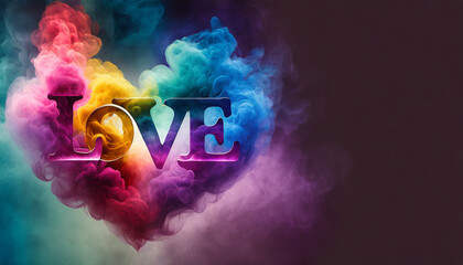 Gradient colorful colored smoke abstract background in the shape of the text LOVE - obrazy, fototapety, plakaty