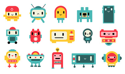 Obraz premium Funny cartoon robots set. Cute colourful bots. Robotic characters. Cute kid cyborgs bundle. Cheerful machine sticker bundle. Mechanical toys vector flat illustration. 