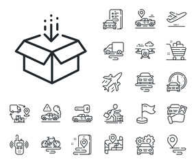 Open delivery parcel sign. Plane, supply chain and place location outline icons. Get box line icon. Cargo package symbol. Get box line sign. Taxi transport, rent a bike icon. Travel map. Vector