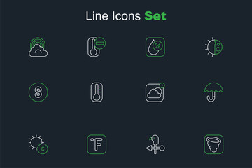 Set line Tornado, Rooster weather vane, Fahrenheit, Sun, Umbrella, Weather forecast app, Thermometer and Compass south icon. Vector