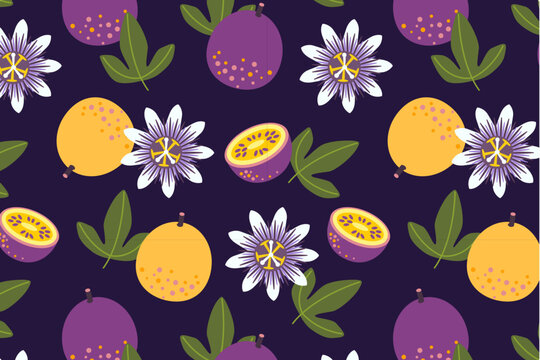 Yellow passion fruit with flower seamless pattern. Whole and half fresh ripe fruits. Exotic tropical fruit wallpaper. Cartoon vector flat blue background