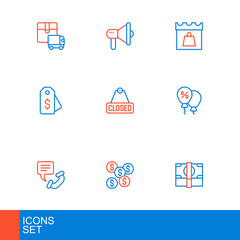 Set line Stacks paper money cash, Dollar symbol, Telephone 24 hours support, Discount percent tag, Price with dollar, Hanging sign text Closed, Shopping day and Megaphone icon. Vector
