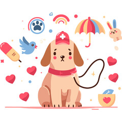 A flat illustration of a dog in a medical cap with a cross for pet therapy and emotional support by animals. Concept - veterinary medicine, psychology, emotional health