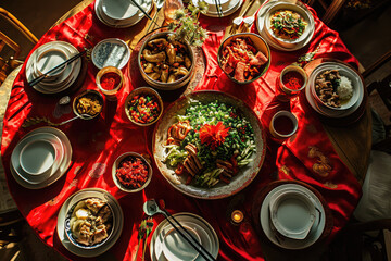 Asian oriental cuisine with different dishes on the red table