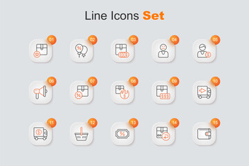 Set line Wallet, Return cardboard box, Discount percent tag, Shopping basket, Armored truck, Delivery cargo, Item price with dollar and Hot icon. Vector
