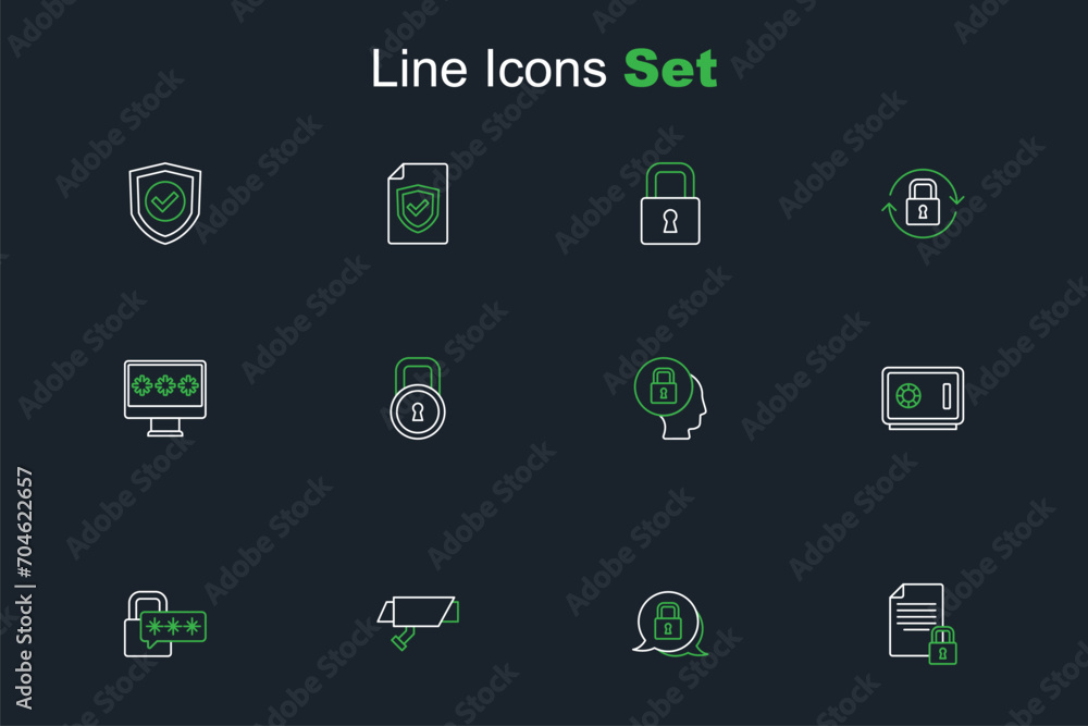 Poster set line document and lock, lock, security camera, cyber security, safe, and monitor with password i