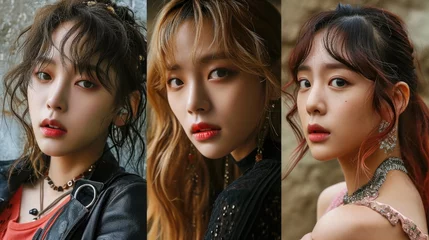 Fotobehang Collage of girls representing Korean pop culture. Collage of k-wave artists. © Татьяна Креминская